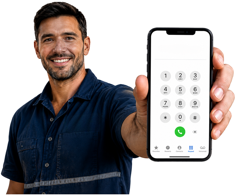 Fairfield Blocked Drains plumber holding a phone — call 1300 261 965