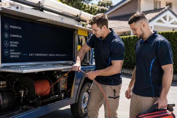 Two plumbers working on a blocked drain in Fairfield