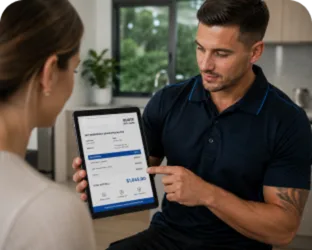 Plumber showing a Fairfield customer the quote on a tablet