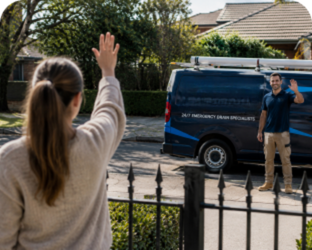 Customer waving goodbye to a Fairfield Blocked Drains plumber